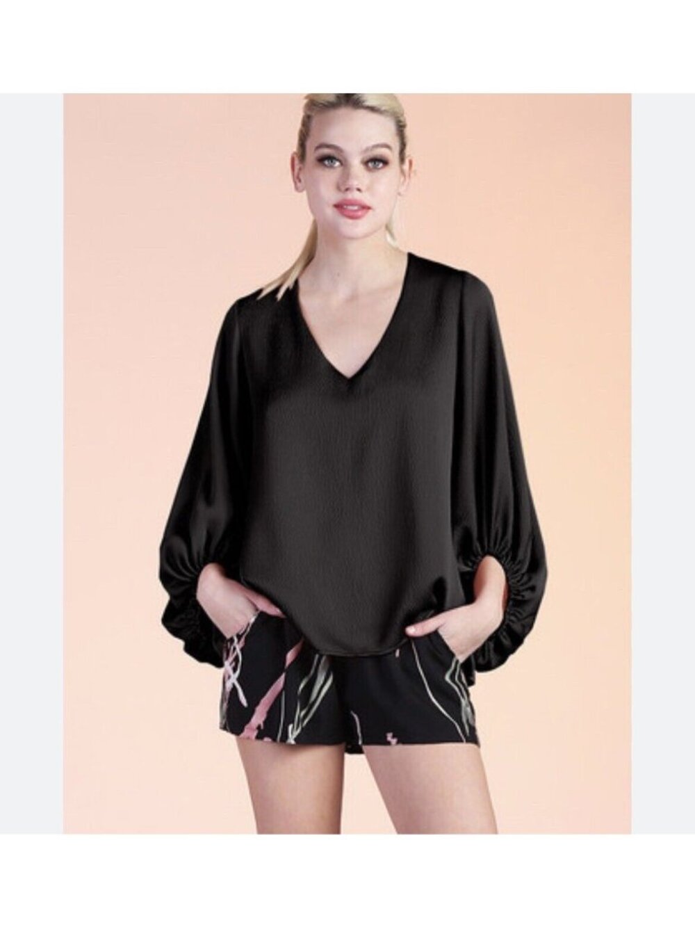 Tyche Black Balloon Sleeve V Neck Womens Blouse Sz S NWT whimseygoth